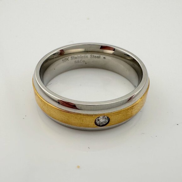 10 kt Gold & Stainless Steel Single Diamond Wedding Band Size 12 - Picture 7 of 8